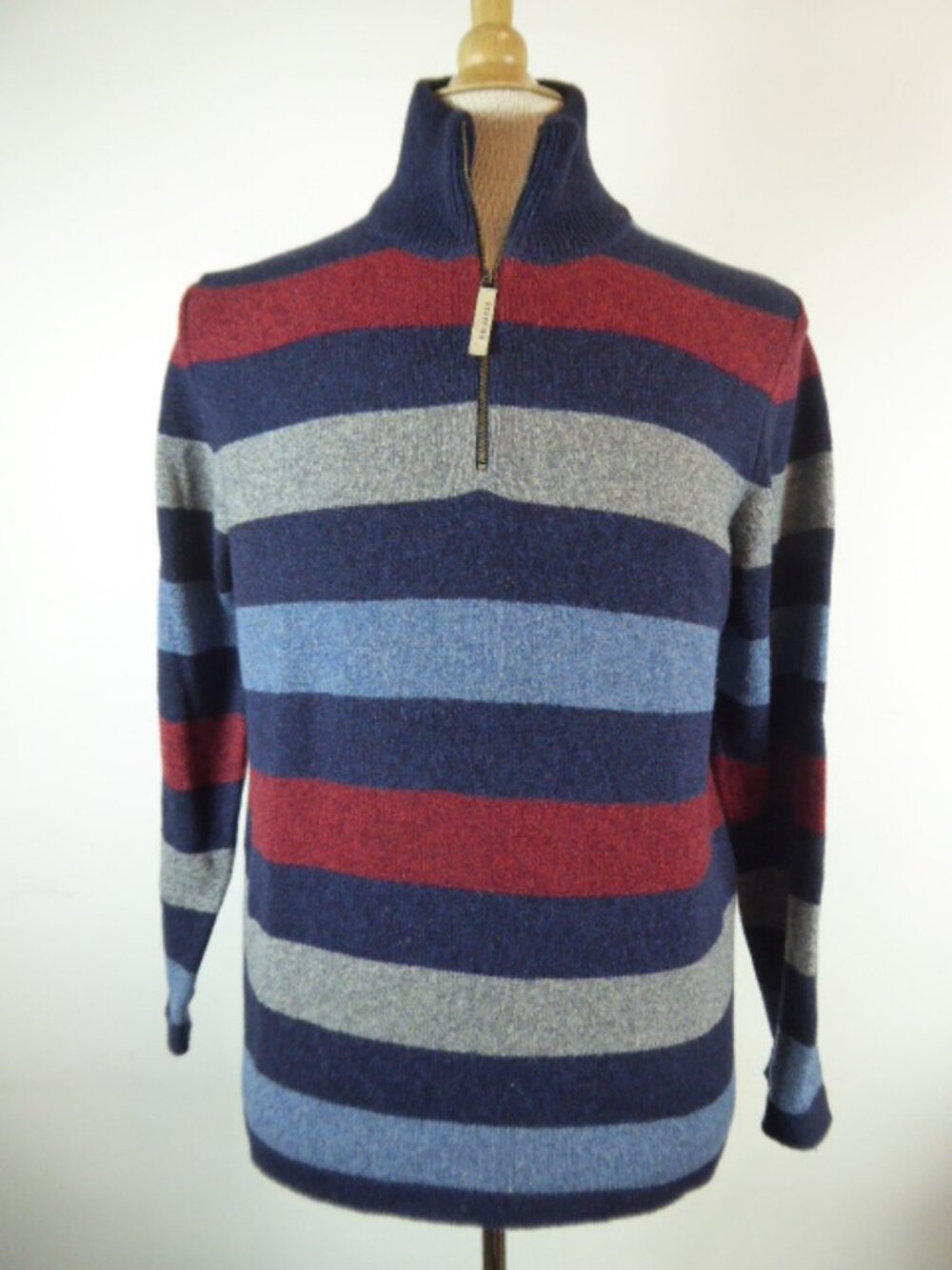 SCAPPINO Italy navy red rugby stripe zip merino wool high mock neck sweater L